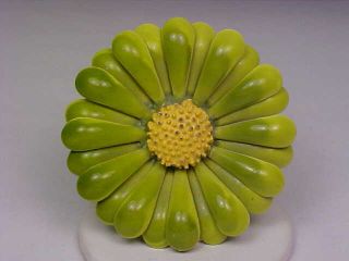 Vintage Olive Green/yellow Enameled Metal Flower Brooch