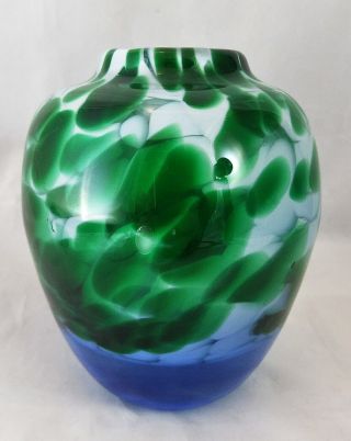 Vintage Studio Art Glass Vase Hand Blown Cased Glass Aqua Base Green White Heavy