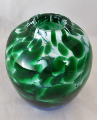 Vintage STUDIO ART GLASS VASE Hand Blown CASED GLASS Aqua Base Green White HEAVY 2