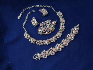 Vtg Coro Pink Ab Rhinestone Necklace Bracelet Pin Earrings Set Silvertone