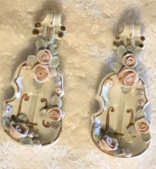 Vintage Lefton Violin Ceramic Figurine,  Set Of Two,  Floral Porcelain Violin