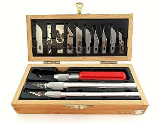 Vintage X - Acto Knife Set 13 Blades 3 Tools In Wooden Box