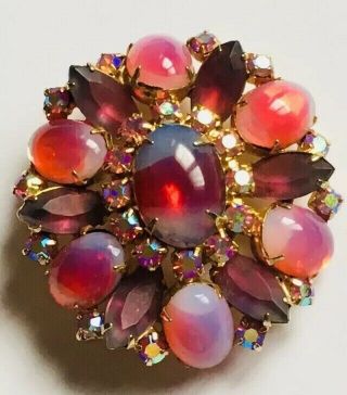 Vintage Jewelry Coro Or Juliana Ab Pink Red Art Glass Cabochon Rhinestone Brooch