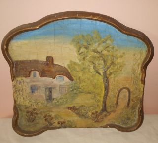 Charming Vintage Fresco? Painting On Wood Thatched Roof Cottage English Garden