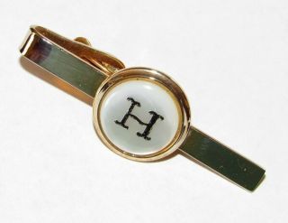 Vintage Mother Of Pearl Initial Letter H Gold Tone Tie Bar Clip N722