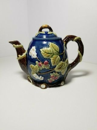 Vintage Majolica Henriksen Teapot Blue With Strawberry Blossom Design