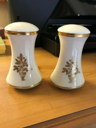 Vintage Lenox Porcelain Usa Ivory Gold Oval Trim & Floral Salt & Pepper Shakers