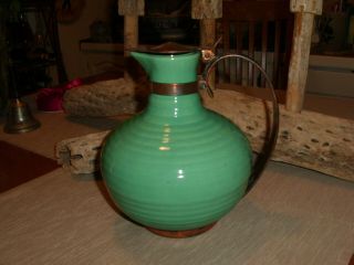 Vintage Bauer Pottery Ringware Jade Green Carafe With Copper Handle