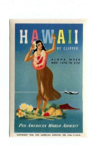 Vintage Airline Luggage Label Pan Am Airways Hawaii By Clipper Aloha Week 1948