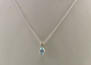 Vintage 14k White Gold Pear Raindrop Blue Topaz And Diamond Pendant Necklace