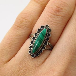 Vtg Mexico 925 Sterling Silver Real Malachite Gemstone Wide Ring Size 4.  5