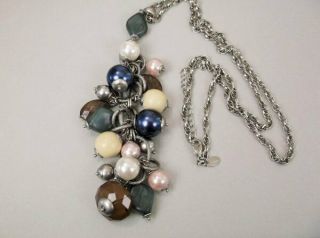 Vintage Signed Lia Sophia Slate Pearl Neutrals Chunky Bead Pendant Long Necklace