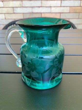 Vtg Art Glass Green Sandblasted Etched Columbine Floral Small Creamer Pitcher