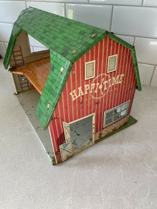 Vintage Mar Toys Happi Time Tin Farm Toy Red Barn And Green Roof Happy Time