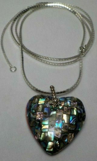 Vintage Prex Sterling Necklace Heart Pendant 29 3/4 Inch 925 Italy Mop Abalone