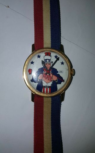 Vintage Uncle Sam Wind Up " Vote " Watch With The Red White & Blue Band