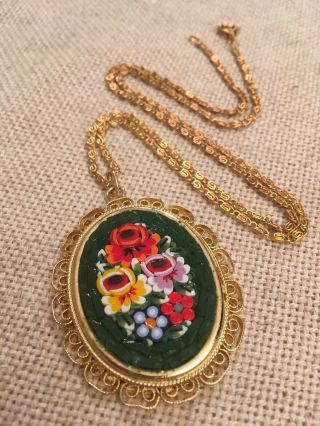 Vtg Italian Micro Mosaic Jewelry Floral Pendant Made In Italy Snail Link Chain