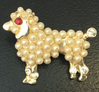 Vintage Poodle Dog Brooch Pin Rhinestone Eye Faux Pearl Figural Costume Jewelry