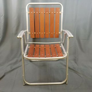 Vtg Redwood Lawn Chair Aluminum Folding Frame Slat Wood Sturdy Midcentury Patio