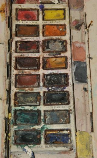 Vtg.  G.  Rowney and Co.  No.  22 Watercolor Palette Travel Tin Box Copper Stencils 4