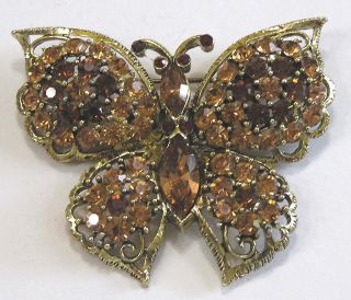 Vintage Jewelry Signed Weiss Butterfly Brooch Amber Rhinestones Red Eyes