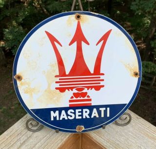 Vintage Maserati Sport Car Porcelain Sign Oil Gasoline Pump Plate Sign