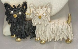Vintage Terrier Scottie Dog Duo Brooch Rhinestone Black White Enamel Gold A5