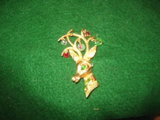 Vintage Mylu Signed Pin Brooch Rhinestone Crystal Dangle Christmas Reindeer