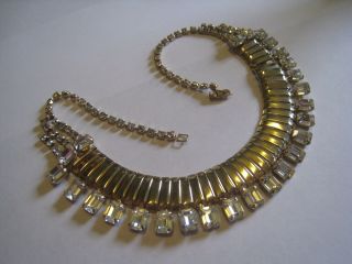 Vintage Silver Tone Strand Necklace With Clear Glass Rhinestones,  Unmarked,  16 "