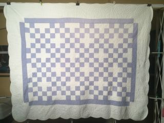 Vintage Blue White Nine Patch Quilt W.  Scalloped Edges