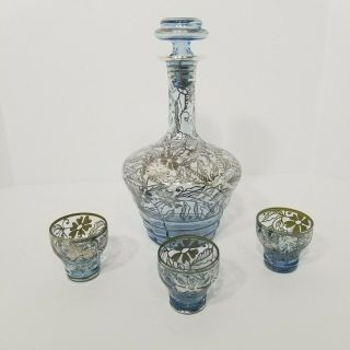 Vintage Pale Blue Glass Cordial Decanter Silver - Gilted & 3 Matching Cordial Glas