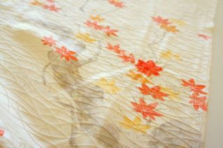 Vintage Japanese Kimono Silk Fabric | Hand Painted Momiji On Creme Rinzu 63 " |
