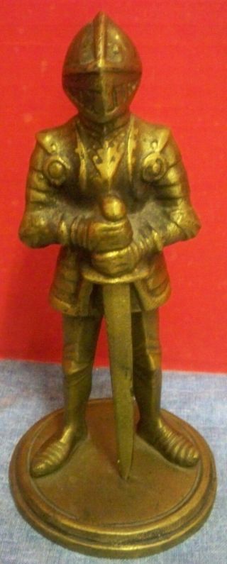 Vtg Solid Brass Knight Figurine In Full Suit Of Armor With Sword Appr 7 " T Heavy