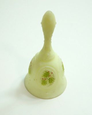 Vintage Fenton Hand Painted Holly Satin Custard Glass Bell 6 1/2 " Tall Signed
