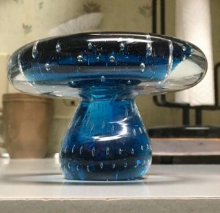 Vintage Mid Century Viking Rainbow Blue Art Glass Mushroom Paperweight