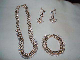 Vintage Necklace Bracelet Earrings Set Silver Tone With Pale Blue Rhinestones