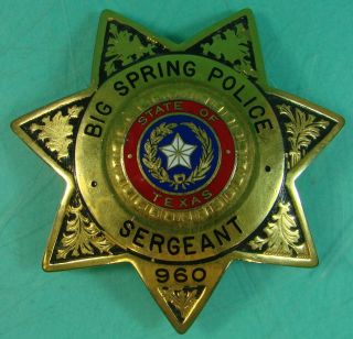 Vtg State Of Texas Big Spring Police Sergeant 960 Gold Colored Pin Badge