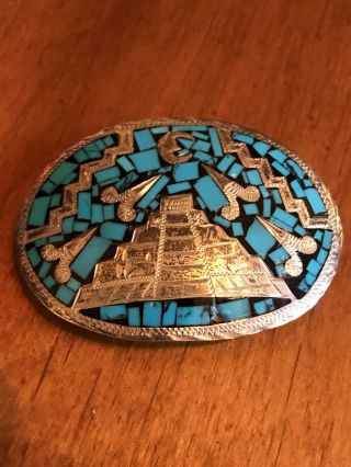 Vintage Taxco Sterling Silver Turquoise Chip Inlay Buckle Pyramid Mexico