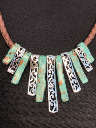 Vintage Turquoise Silver Leather Chain Bohemian Bib Statement Necklace 16”