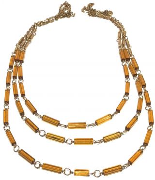 Vintage Faceted Amber Glass Bar And Gold Tone Chain Triple Strand Necklace