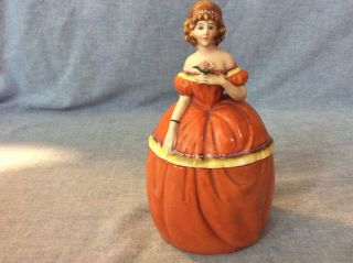 Vintage Germany Porcelain Figural Colonial Lady Half Doll Trinket Box