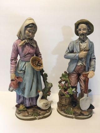 Vintage 1977 Old Woman And Man Farm Couple,  14” Porcelain Figures.  Homco 8816