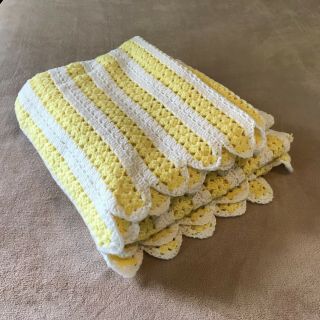 Vintage Crochet Afghan Lap Throw Blanket Handmade Yellow White Striped 78 " X 84 "