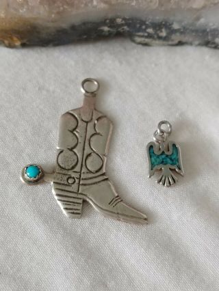 2 Vtg Sterling Silver Boot Phoenix Bird Turquoise Cowboy Western Charms Pendant