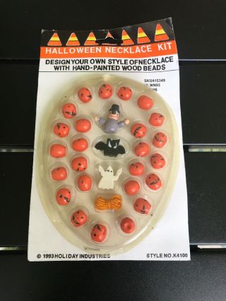 Vintage 1993 Halloween Nos Necklace Kit Pumpkins Bats Wooden Beads Holiday