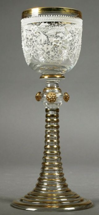 Vtg Moser Hock Art Glass White Enamel & Gold Paint Bohemian Wine Glass Goblet