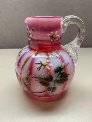 Vintage Cranberry Glass Cruet With Painted Flowers Bees Applied Crystal Handle