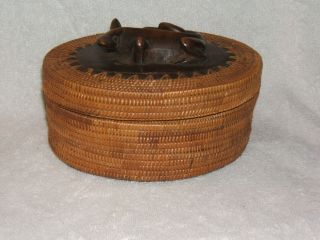 Lombok Basket,  Carved Komodo Dragon Figure Lid,  Vintage,  6 " Long Oval
