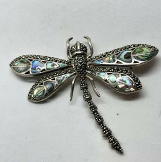Vintage Sterling Abalone & Marcasite Dragonfly Brooch Pin\pendant