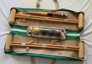 Vtg 4 Player Croquet Set Backyard Game Mallets Balls Wickets Stakes Forster